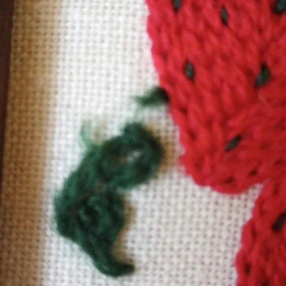 Vintage Completed Crewel Strawberry Sampler in Brown Wood Frame, Red Green White - Picture 5 of 5